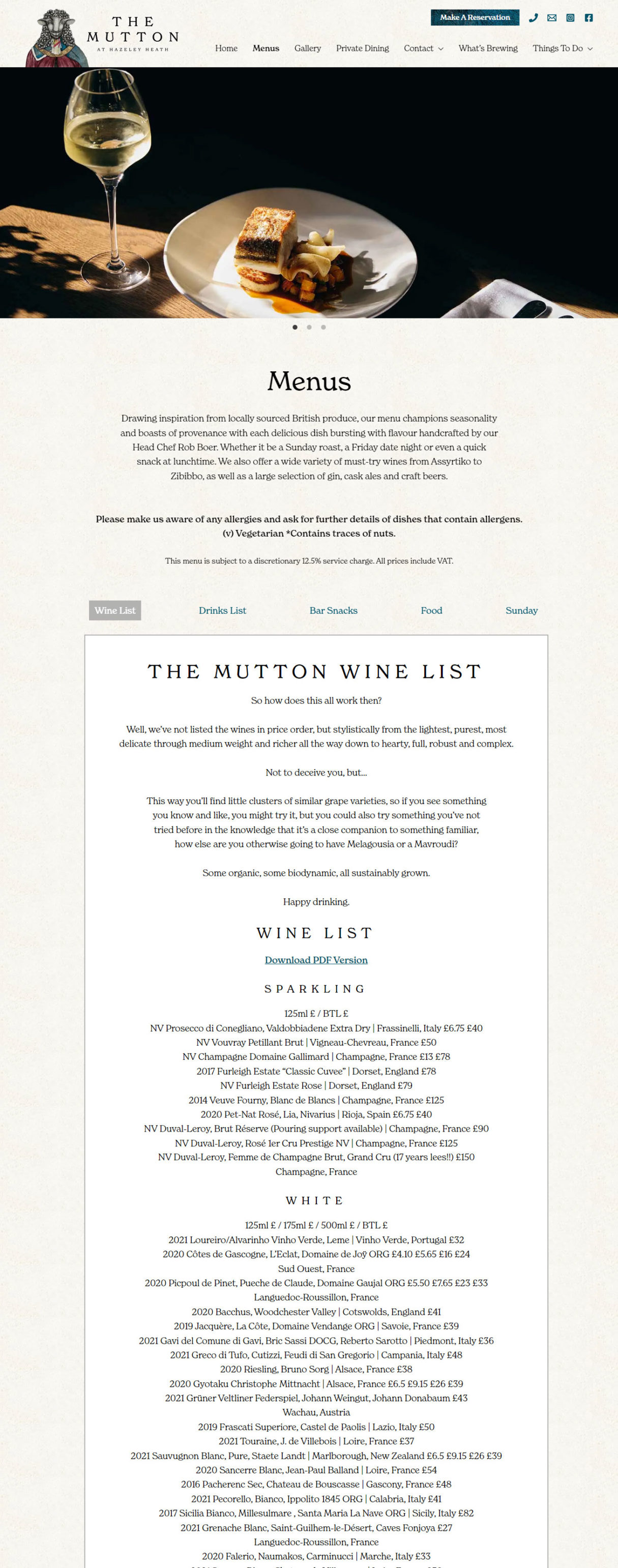 The Mutton food and drinks menus web page design